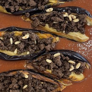 Eggplants With Spiced Organic Beef, Pine Nuts And Side Of Rice
