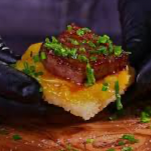 Crispy Rice Bites with Sliced Beef and Asian Sauce