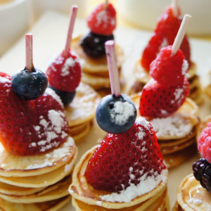 Pancakes with Cream Cheese, Strawberry and Maple Syrup