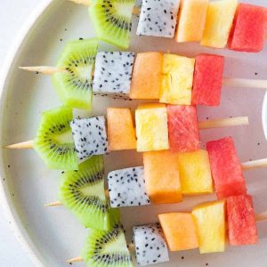 Fruit Skewers – Mango, pineapple, strawberry, and watermelon