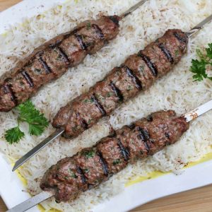 6 Kafta Skewers with Spiced Rice and Hummus Servings 3-4 People