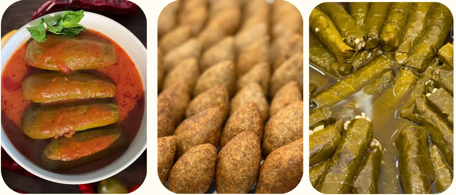 kibbek, kousa, zucchini, and meat grape leaves