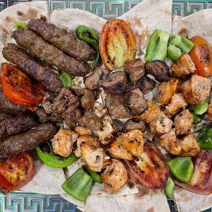 Mashawi – 4 Skewers Each: Kabab Family Meal with Hummus and Grilled Vegetables