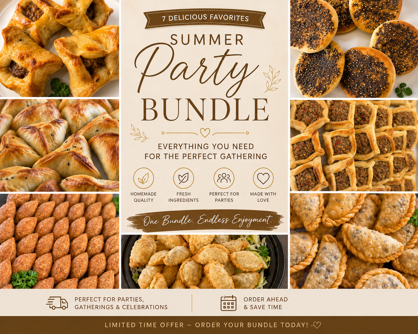 Sfeeha pies, Spinach pies, Sujuk & Cheese pies, beef Sambousek, cheese Sambousek, Kibbeh, zaatar